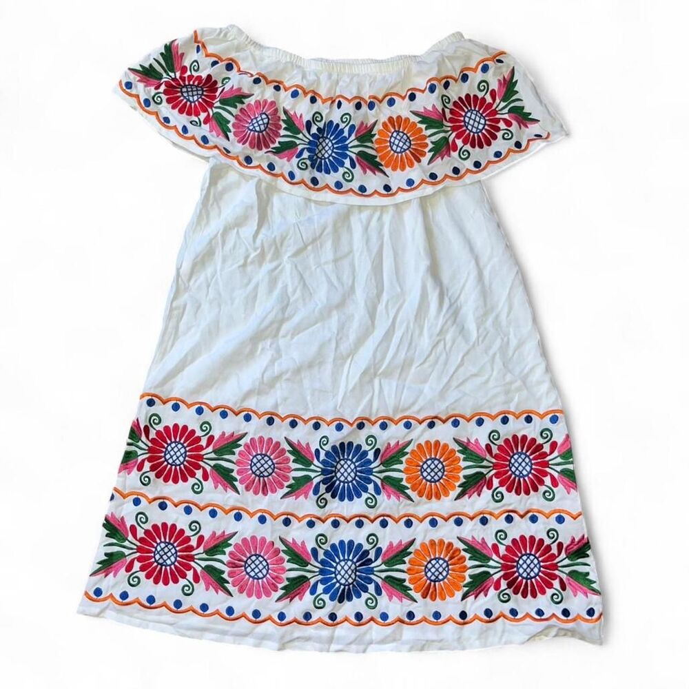 Women's White Multicolored Spanish Style Embroidered Floral Dress 100% Viscose M